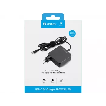 Sandberg caricabatterie USB-C AC PD65W EU 2M, interno, AC, 20 V, 1 m, nero