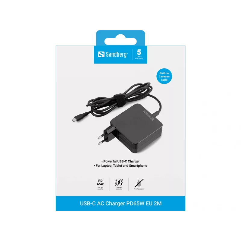 Sandberg caricabatterie USB-C AC PD65W EU 2M, interno, AC, 20 V, 1 m, nero