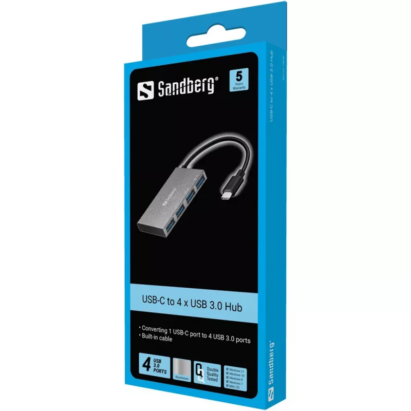 Sandberg 136-20 hub tascabile da USB-C a 4x USB 3.0, alluminio, grigio