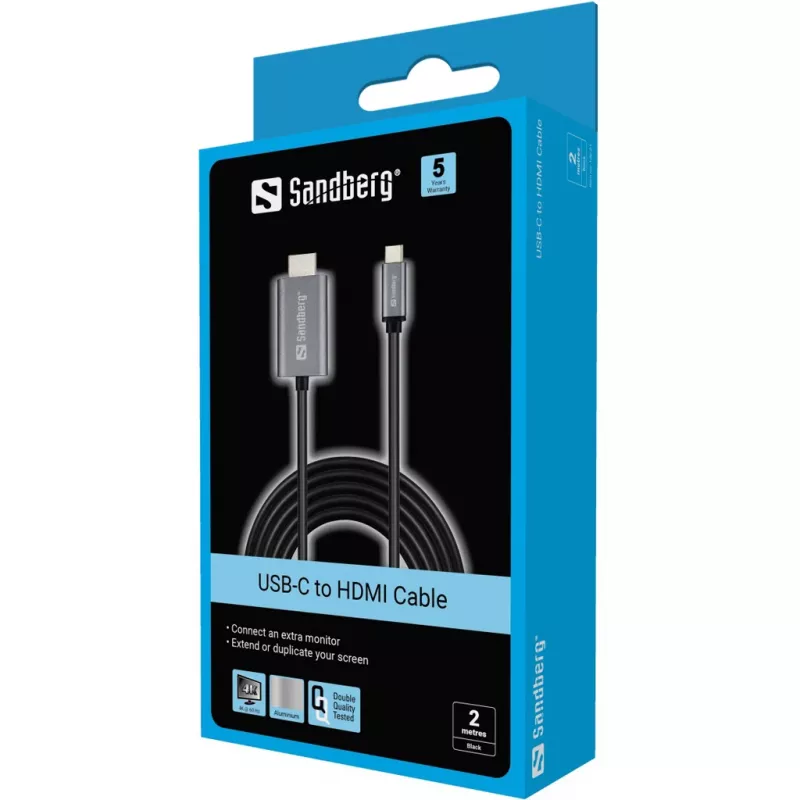 Cavo Sandberg USB-C a HDMI 2M, 2 m, USB Type-C, HDMI, connettore maschio, connettore maschio, dritto