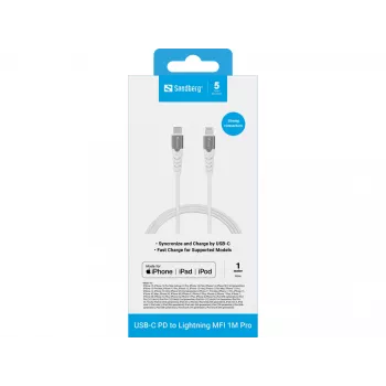 Sandberg USB-C PD a Lightning MFI 1M PRO, 1 m, Lightning, USB C, connettore maschio, connettore maschio, bianco