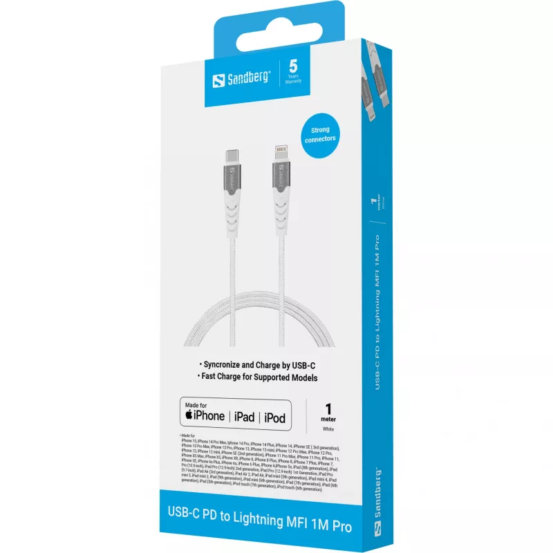 Sandberg USB-C PD a Lightning MFI 1M PRO, 1 m, Lightning, USB C, connettore maschio, connettore maschio, bianco
