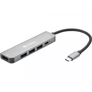 Sandberg dock USB-C HDMI+3xUSB+PD 100W, con filo, USB 3.2 Gen 1 (3.1 Gen 1) Type-C, 100 W, grigio, 4K Ultra HD, alluminio