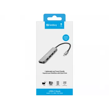 Sandberg dock USB-C HDMI+3xUSB+PD 100W, con filo, USB 3.2 Gen 1 (3.1 Gen 1) Type-C, 100 W, grigio, 4K Ultra HD, alluminio