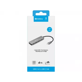 Sandberg hub USB-C a 4 x USB-C, USB 3.2 Gen 1 (3.1 Gen 1) Type-C, USB 3.2 Gen 1 (3.1 Gen 1) Type-C, 10000 Mbit/s, grigio, alluminio, 0,15 m