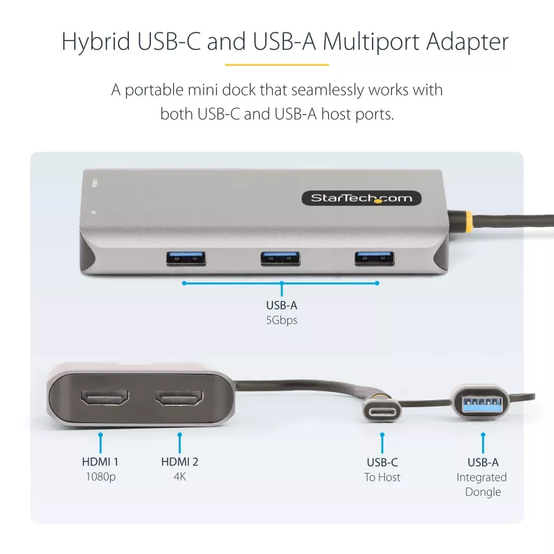 StarTech.com adattatore multiporta USB-C con dongle USB-C a USB-A integrato, dual HDMI (4K30Hz/1080p60Hz), 3x USB-A 5Gbps, mini travel dock, docking station per laptop, cavo 1,3ft/40cm