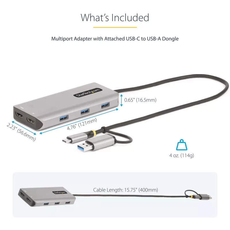 StarTech.com adattatore multiporta USB-C con dongle USB-C a USB-A integrato, dual HDMI (4K30Hz/1080p60Hz), 3x USB-A 5Gbps, mini travel dock, docking station per laptop, cavo 1,3ft/40cm