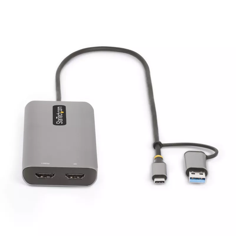 StarTech.com adattatore multiporta USB-C con dongle USB-C a USB-A integrato, dual HDMI (4K30Hz/1080p60Hz), 3x USB-A 5Gbps, mini travel dock, docking station per laptop, cavo 1,3ft/40cm