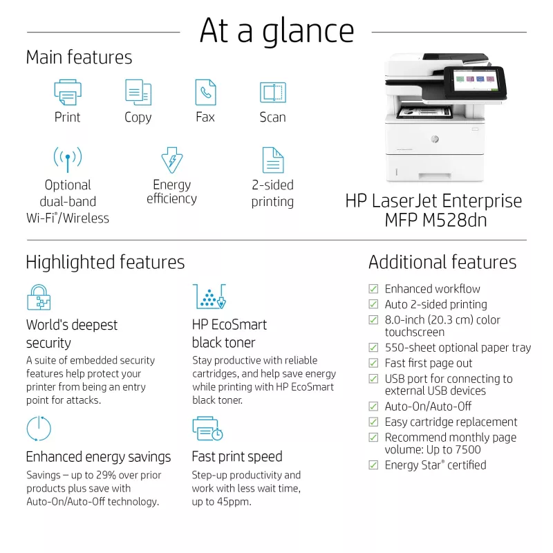 HP LaserJet Enterprise MFP M528dn, laser, stampa monocromatica, 1200 x 1200 DPI, A4, stampa diretta, nero, bianco