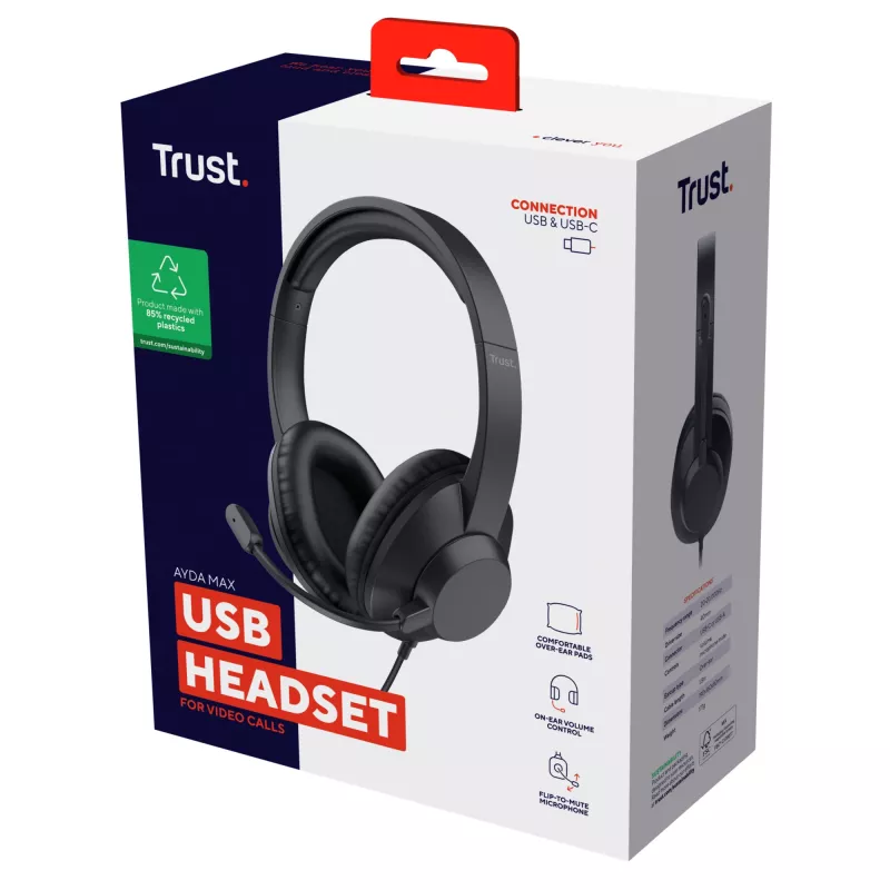 Trust Ayda Max USB Headset cablato con archetto Office/Call Center USB Type-C / USB Type-A nero