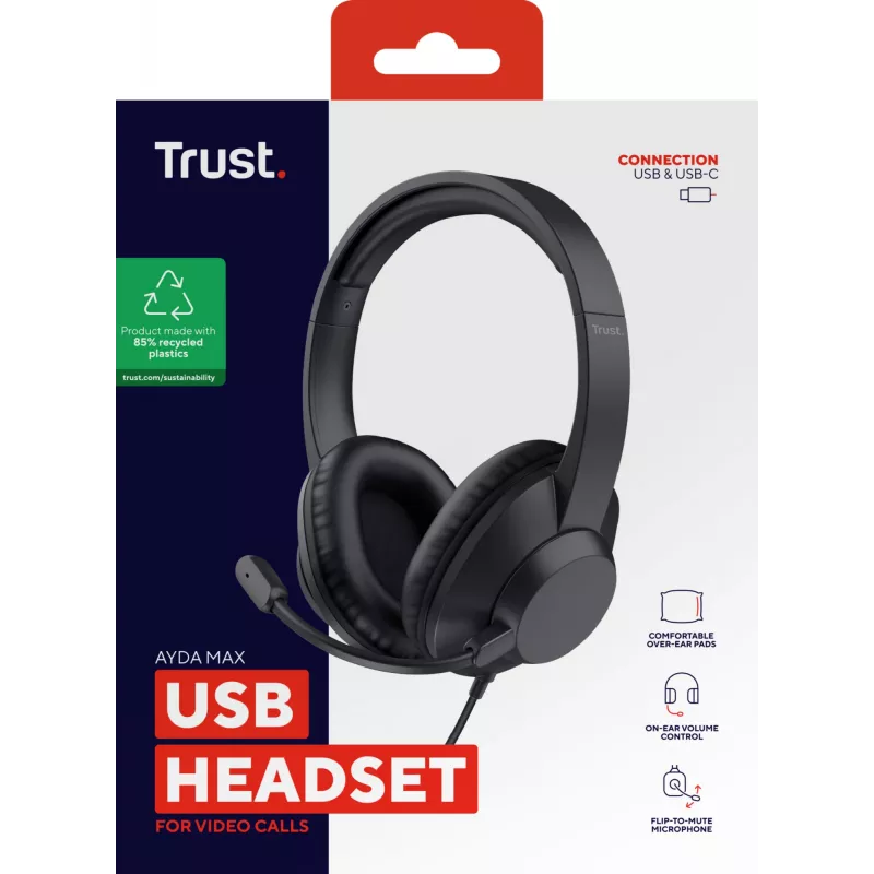 Trust Ayda Max USB Headset cablato con archetto Office/Call Center USB Type-C / USB Type-A nero