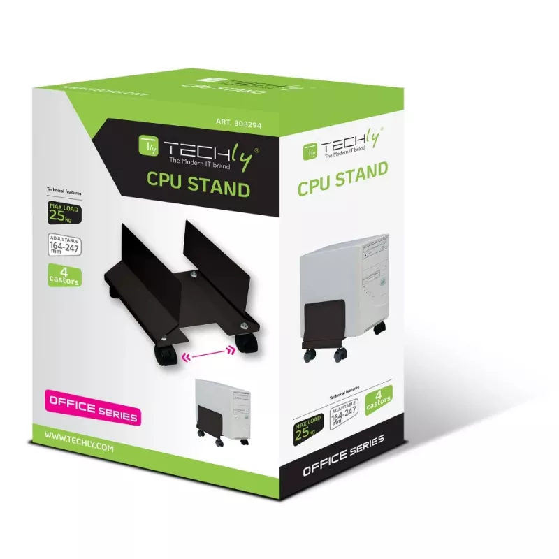Techly ICA-CS 34 supporto per CPU/PC con ruote, regolabile, in metallo, nero