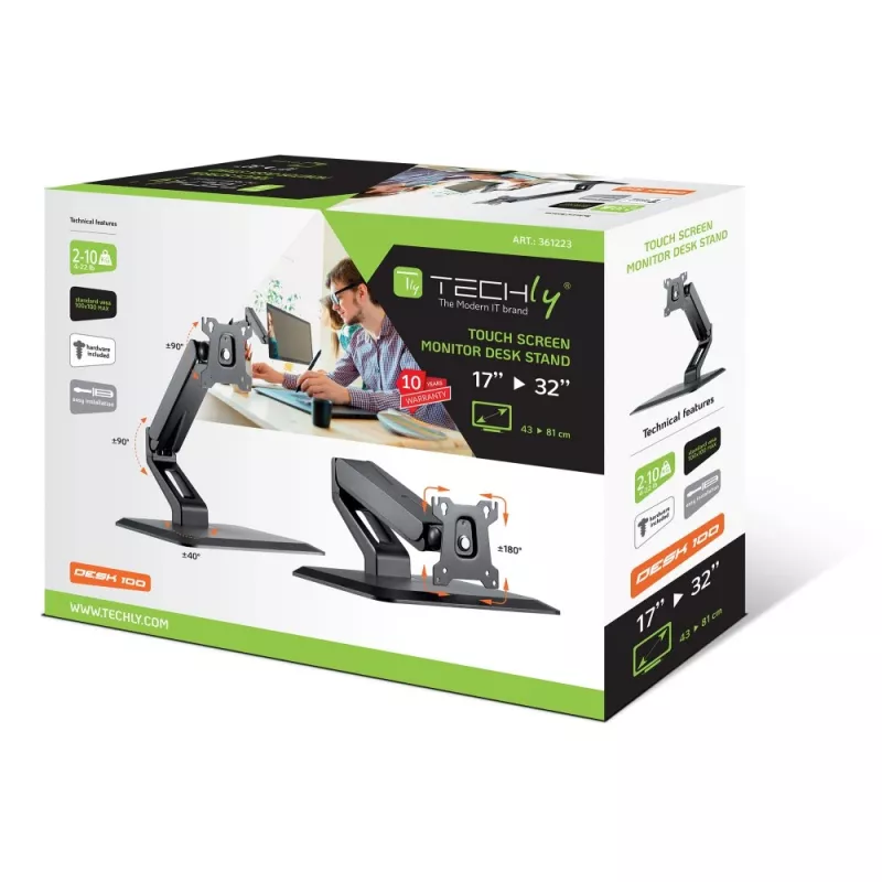Techly ICA-LCD 35TS supporto da scrivania per monitor touchscreen, 17-32 pollici, fino a 10 kg, VESA 75x75/100x100, molla a gas, nero