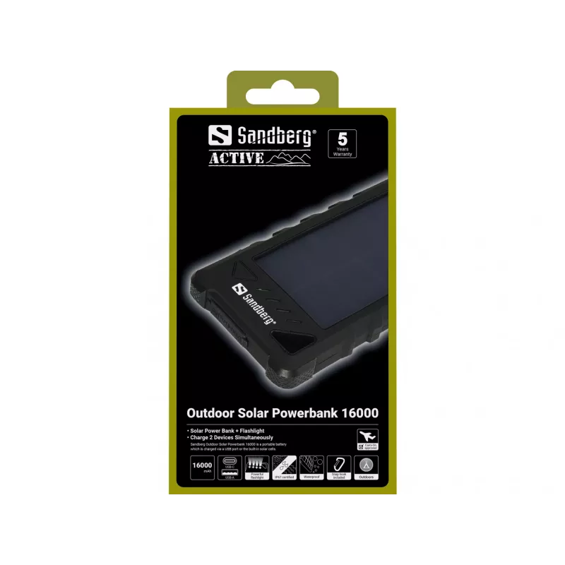 Sandberg Outdoor Solar Powerbank 16000, 16000 mAh, litio-ione (Li-Ion), nero