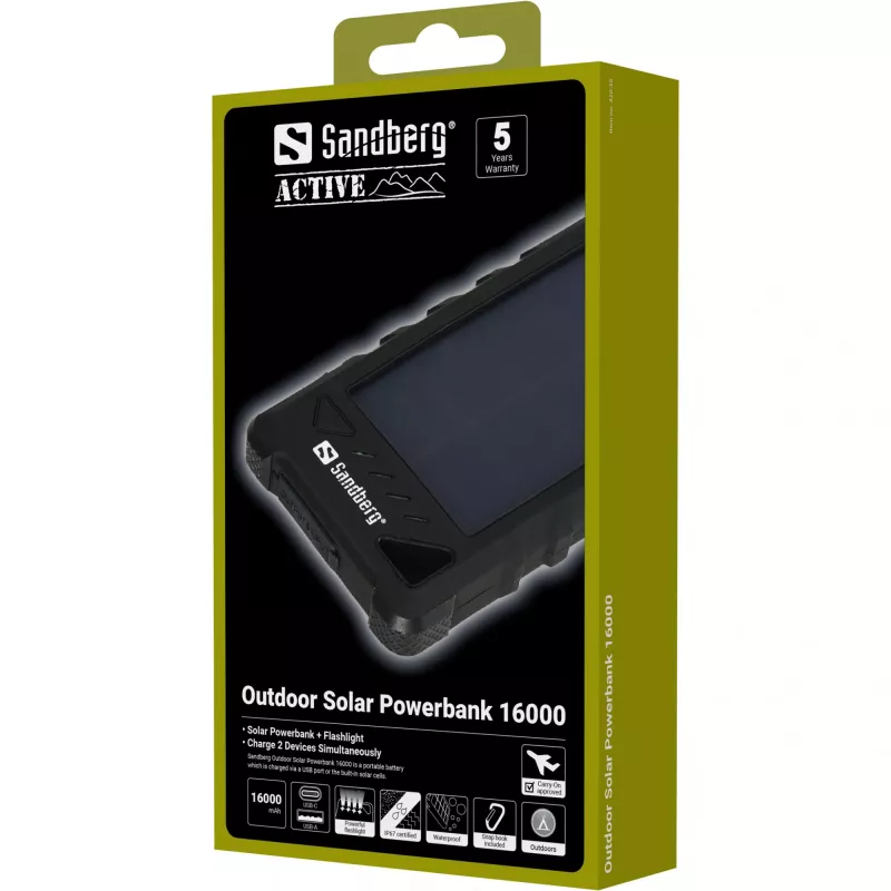 Sandberg Outdoor Solar Powerbank 16000, 16000 mAh, litio-ione (Li-Ion), nero