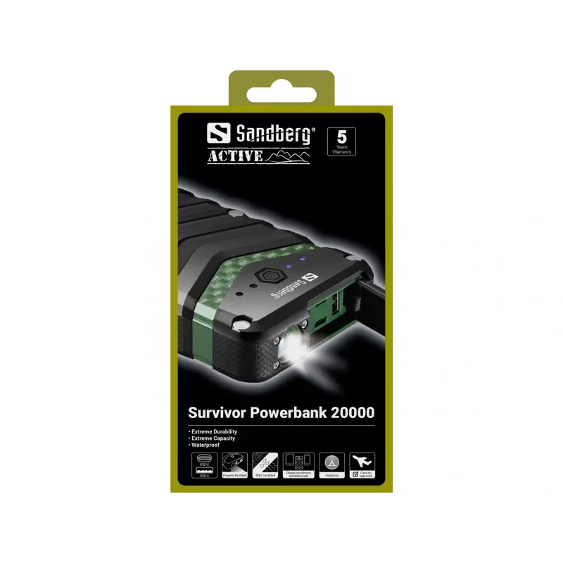 Sandberg Survivor Powerbank 20000, 20000 mAh, litio-ione (Li-Ion), nero, verde