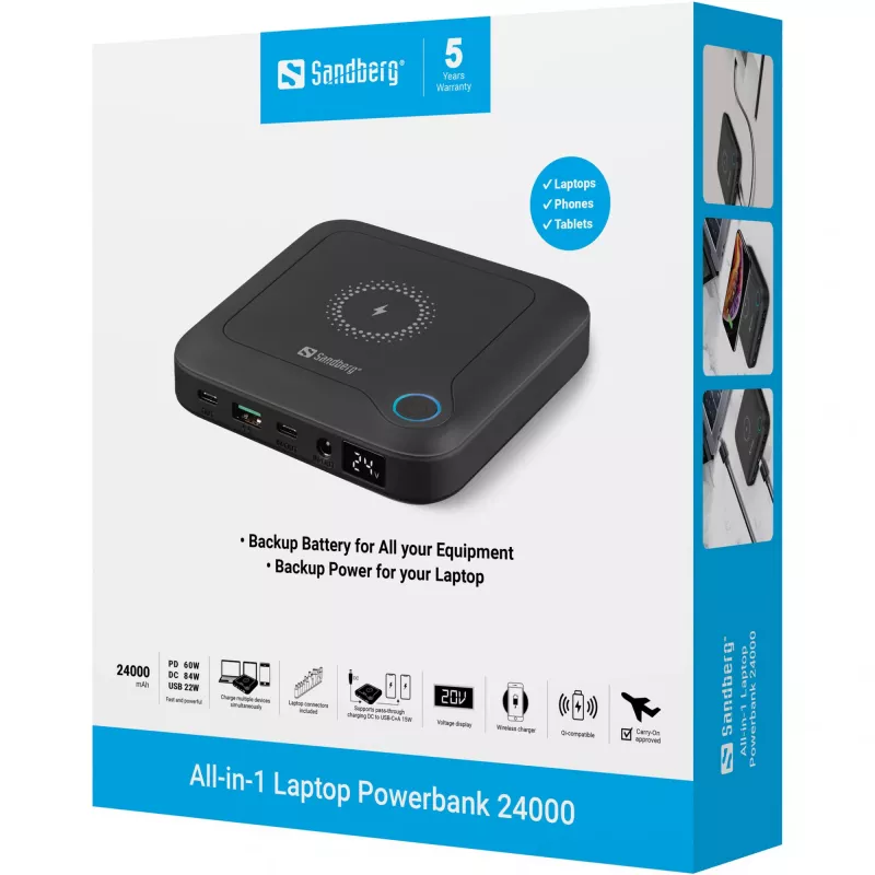 Sandberg All-in1 Laptop Powerbank 24000, 24000 mAh, Quick Charge 2.0, ricarica wireless, nero