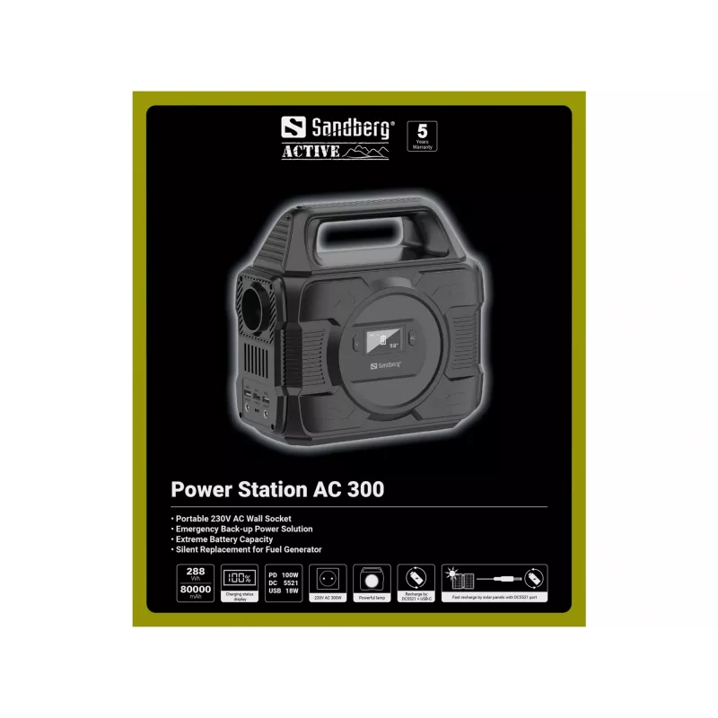 Sandberg Power Station AC 300, 80000 mAh, AC, DC, solare, USB, 296 Wh, 300 W, 300 W, 6 A