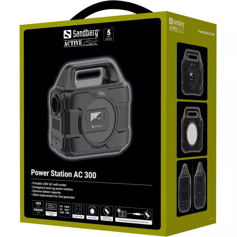 Sandberg Power Station AC 300, 80000 mAh, AC, DC, solare, USB, 296 Wh, 300 W, 300 W, 6 A