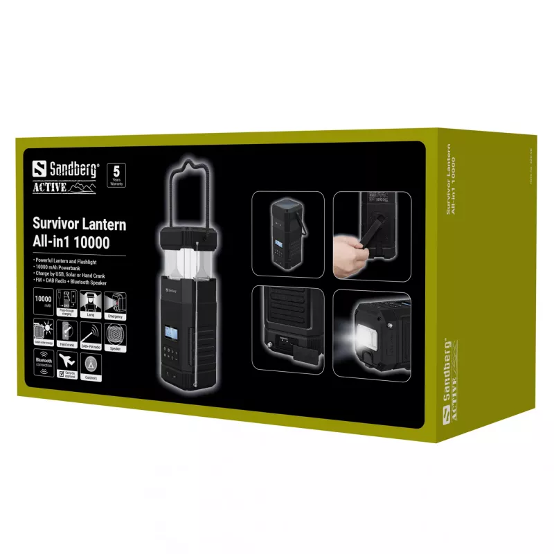Sandberg Survivor Lantern All-in1 10000, lanterna da campeggio a batteria, nero, IPX5, LED, USB C, batteria