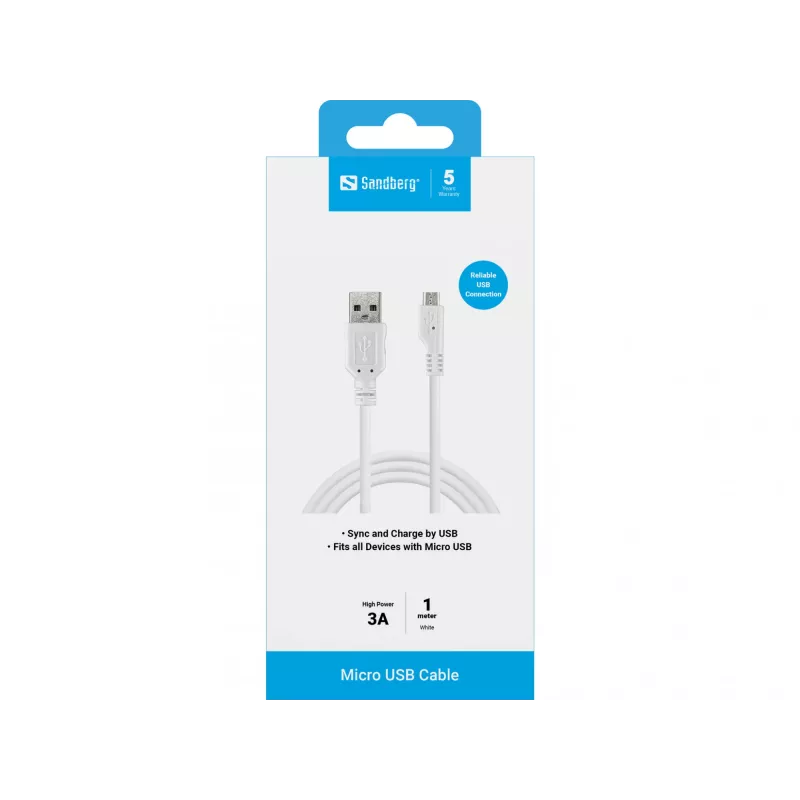 Sandberg cavo di ricarica USB-A a Micro-USB 1 m, 1 m, USB A, Micro-USB B, USB 2.0, connettore maschio/connettore maschio, bianco