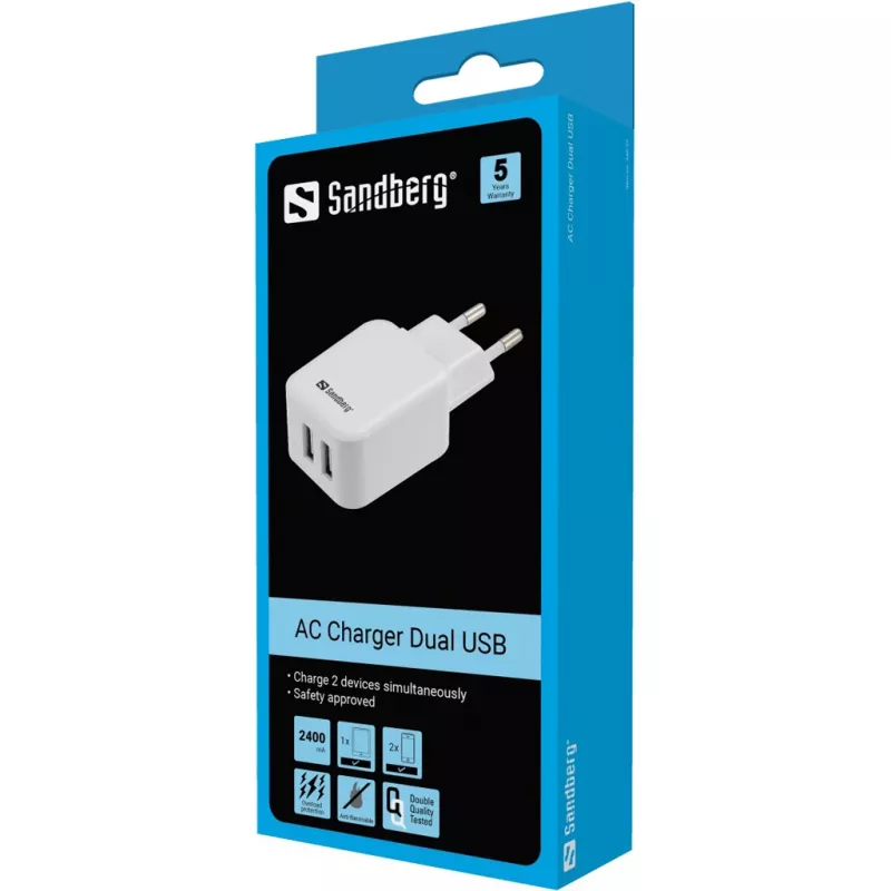 Sandberg Caricabatterie AC Dual USB 2.4+1A EU, uso interno, AC, USB, 5 V, nero, bianco