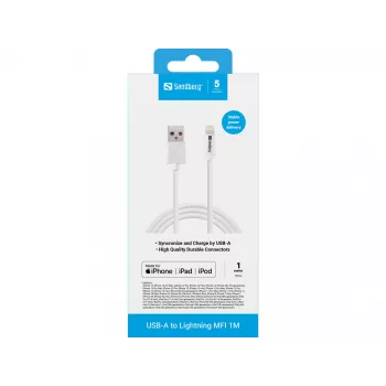 Sandberg USB-A a Lightning MFI 1M, 1 m, Lightning, USB A, bianco, dritto, dritto