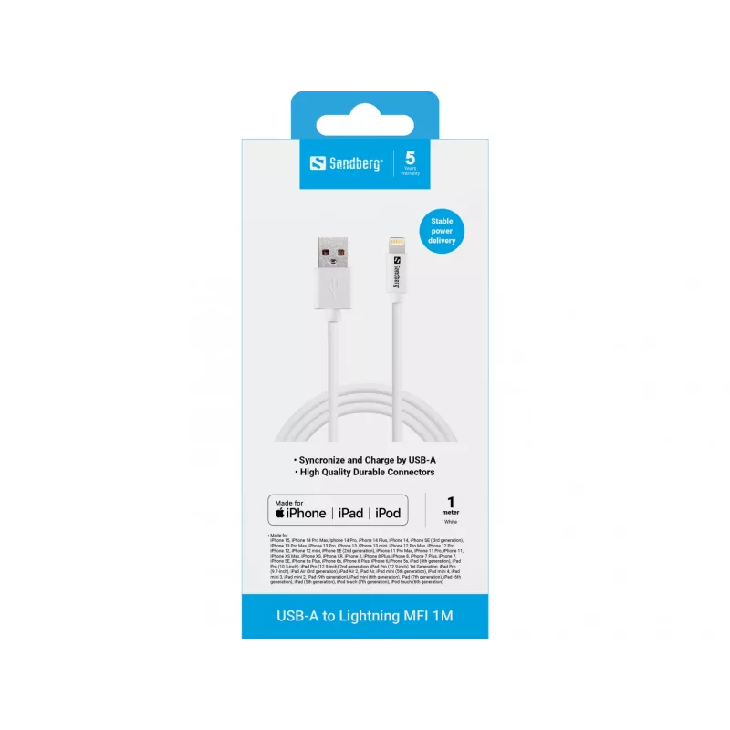 Sandberg USB-A a Lightning MFI 1M, 1 m, Lightning, USB A, bianco, dritto, dritto
