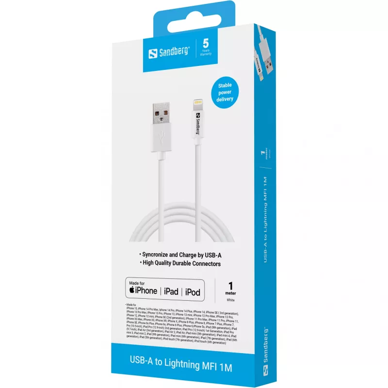 Sandberg USB-A a Lightning MFI 1M, 1 m, Lightning, USB A, bianco, dritto, dritto