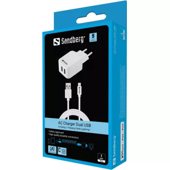 Sandberg Caricabatterie AC EU Lightning 2.4A, uso interno, AC, 5 V, bianco