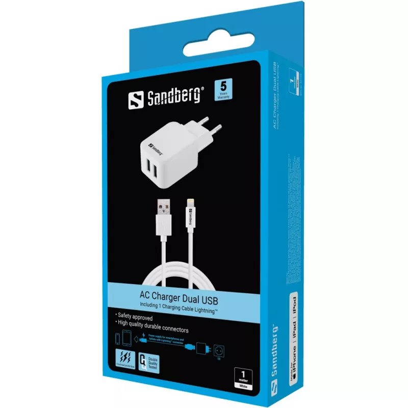 Sandberg Caricabatterie AC EU Lightning 2.4A, uso interno, AC, 5 V, bianco