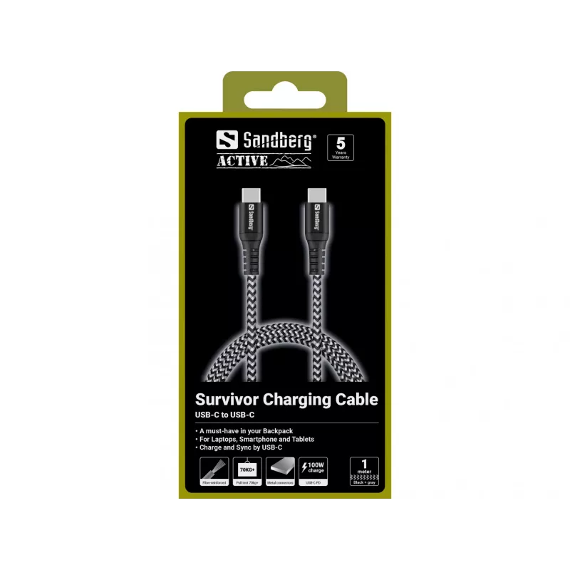 Sandberg Cavo USB-C Survivor 1M 100W, 1 m, USB C, USB C, USB 2.0, nero, grigio