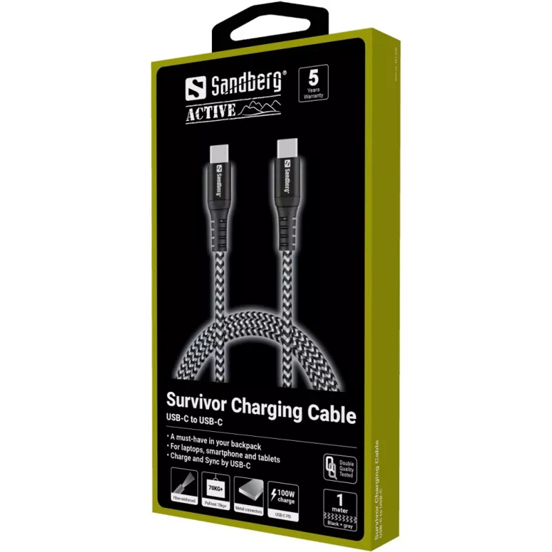 Sandberg Cavo USB-C Survivor 1M 100W, 1 m, USB C, USB C, USB 2.0, nero, grigio
