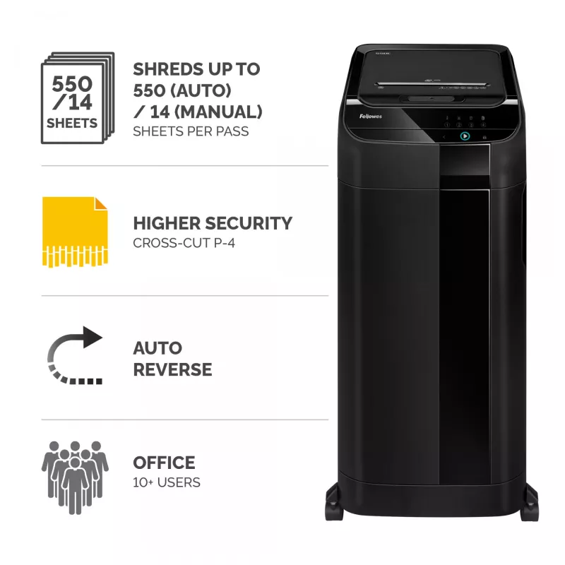 Fellowes Distruggidocumenti 550 fogli alimentazione automatica taglio a croce AutoMax 550C con contenitore da 83 litri alta sicurezza P4