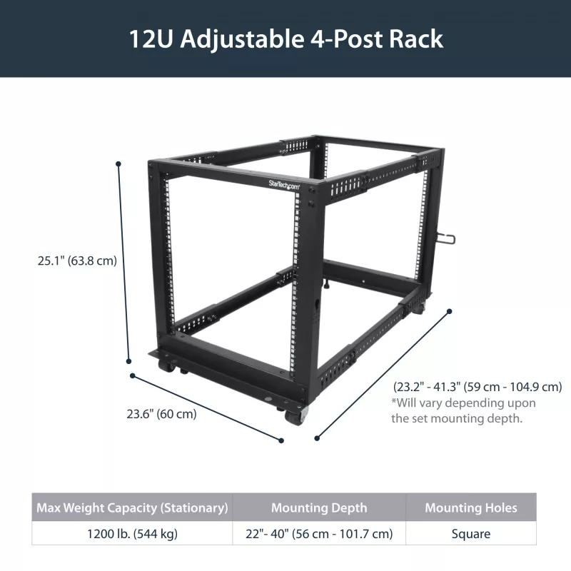 StarTech.com Rack server open-frame mobile a 4 montanti 12U, rack di rete a quattro montanti 19