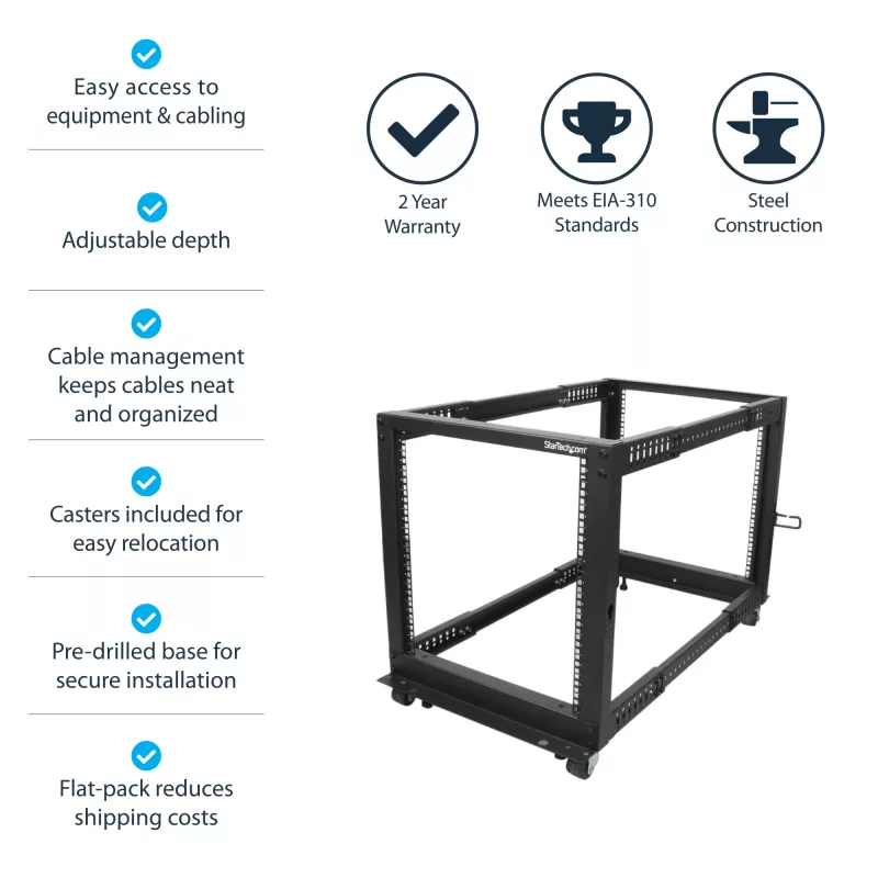 StarTech.com Rack server open-frame mobile a 4 montanti 12U, rack di rete a quattro montanti 19