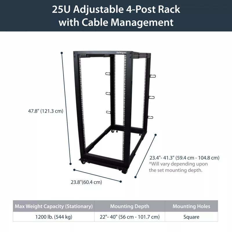 StarTech.com Rack server open-frame mobile a 4 montanti 25U, rack di rete a quattro montanti 19