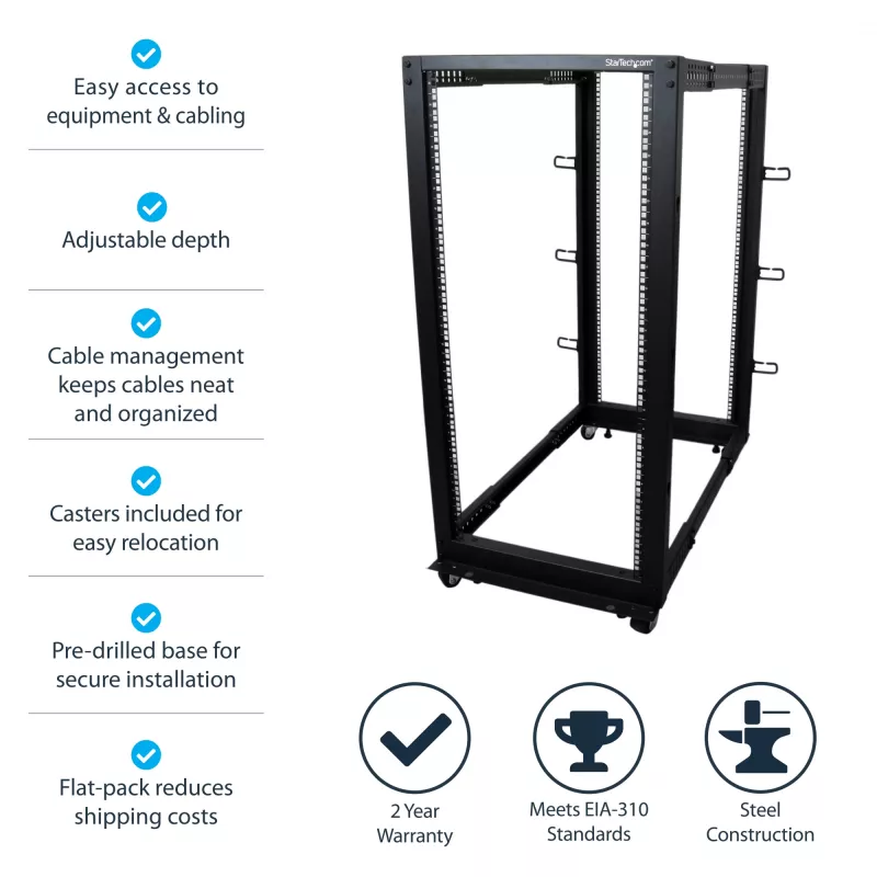 StarTech.com Rack server open-frame mobile a 4 montanti 25U, rack di rete a quattro montanti 19