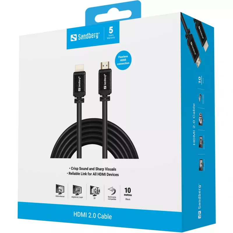 Cavo Sandberg HDMI 2.0 19M-19M, 10 m, HDMI Type-A (standard), HDMI Type-A (standard), nero