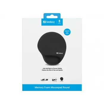 Tappetino mouse Sandberg in memory foam rotondo, nero, tinta unita, memory foam, poggiapolsi, base antiscivolo
