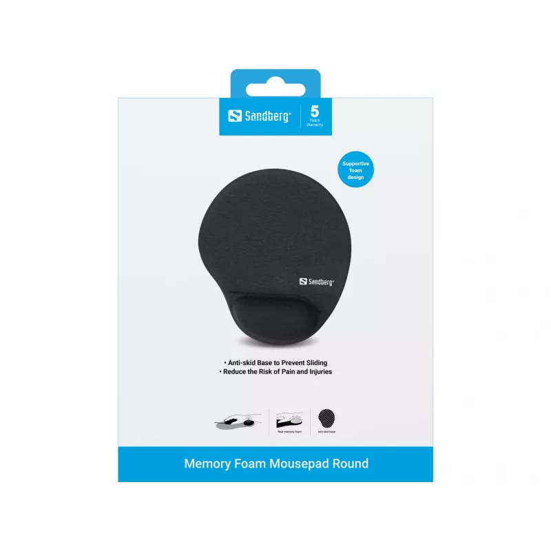 Tappetino mouse Sandberg in memory foam rotondo, nero, tinta unita, memory foam, poggiapolsi, base antiscivolo