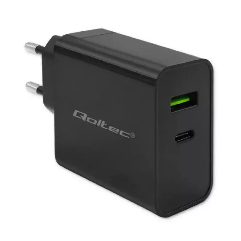 Caricabatterie Qoltec 52378 per interni AC ricarica rapida 3A USB Type-C nero