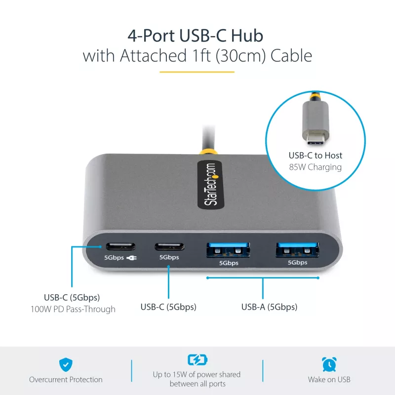 StarTech.com hub USB-C a 4 porte con Power Delivery Pass-Through 100W – 2x USB-A + 2x USB-C – USB 3.0 5Gbps – cavo lungo 1ft (30cm) – hub USB Type-C a USB-A/C portatile