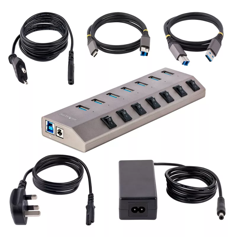 StarTech.com hub USB-C a 7 porte autoalimentato con interruttori on/off individuali, hub di espansione USB 3.0 5Gbps con alimentatore, hub USB-C a USB-A per desktop/laptop, hub USB Type-C con BC 1.2