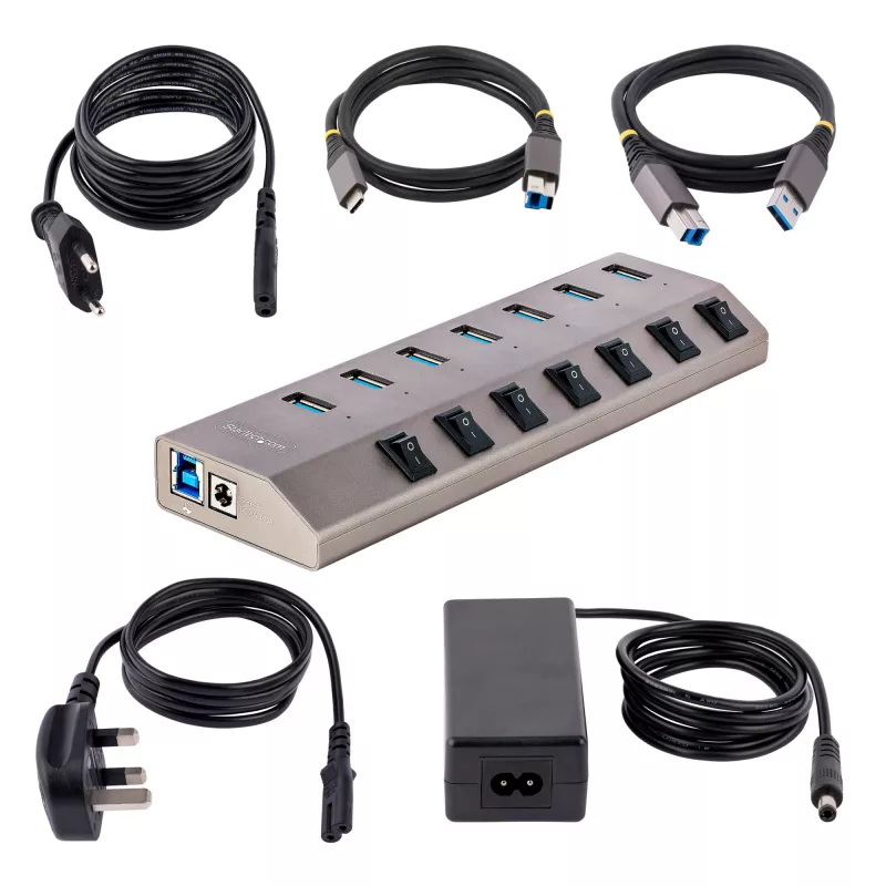 StarTech.com hub USB-C a 7 porte autoalimentato con interruttori on/off individuali, hub di espansione USB 3.0 5Gbps con alimentatore, hub USB-C a USB-A per desktop/laptop, hub USB Type-C con BC 1.2