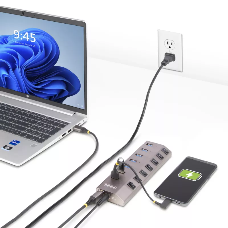 StarTech.com hub USB-C a 7 porte autoalimentato con interruttori on/off individuali, hub di espansione USB 3.0 5Gbps con alimentatore, hub USB-C a USB-A per desktop/laptop, hub USB Type-C con BC 1.2
