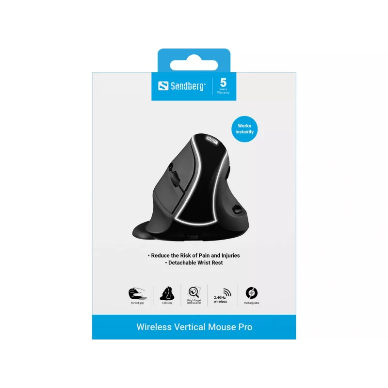Sandberg Wireless Vertical Mouse Pro, per destrimani, design verticale, ottico, RF Wireless, 1600 DPI, nero
