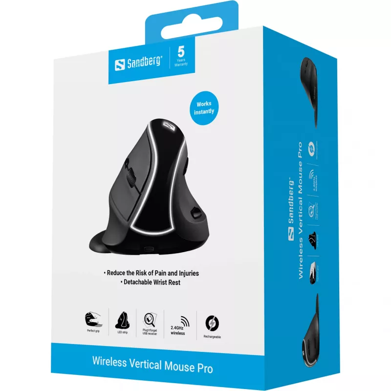 Sandberg Wireless Vertical Mouse Pro, per destrimani, design verticale, ottico, RF Wireless, 1600 DPI, nero