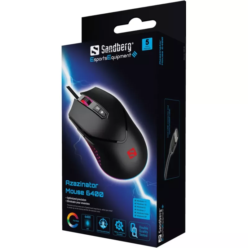 Sandberg Azazinator mouse 6400, per destrimani, USB Type-A, 6400 DPI, nero
