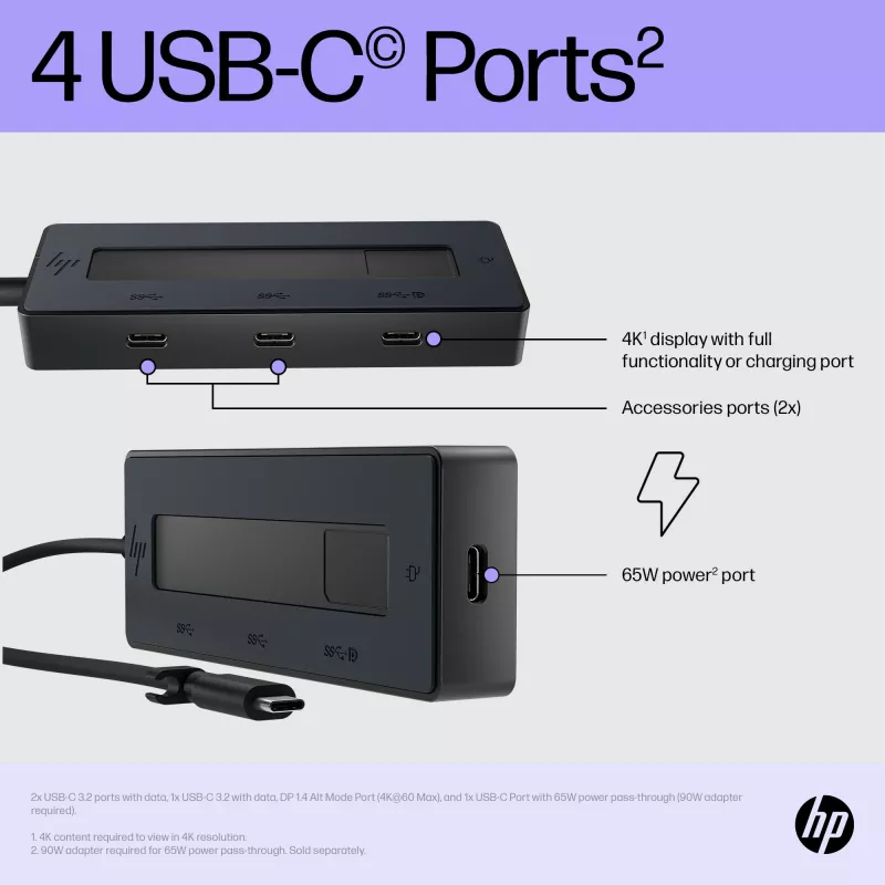 HP Hub multiporta 4K USB-C, USB Type-C, USB 3.2 Gen 2 (3.1 Gen 2) Type-C, 10000 Mbit/s, Nero, 4K Ultra HD, Cina